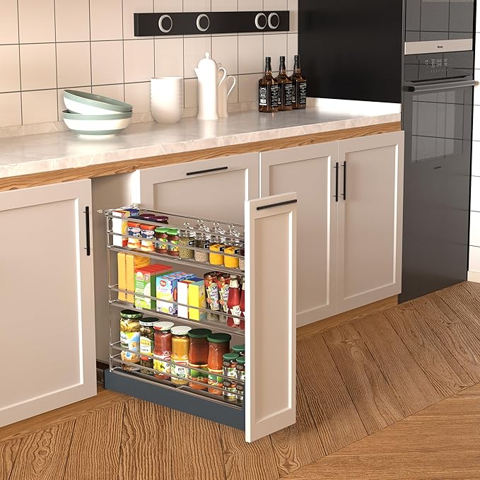 Pull Out Spice Rack for Narrow Cabinet (9.6" W X 19.7" D), Heavy Duty 3 Tier narrow PullOut Cabinet Organizer and Slide Out Shelves for inside Base Cabinets, Filler Pantry Storage