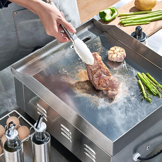 EGGKITPO 14 Inch Electric Griddle, Non-Stick Flat Top Grill Commercial Electric Countertop Griddles Stainless Steel Adjustable Temperature Control 90??575??for Home or Restaurant Use