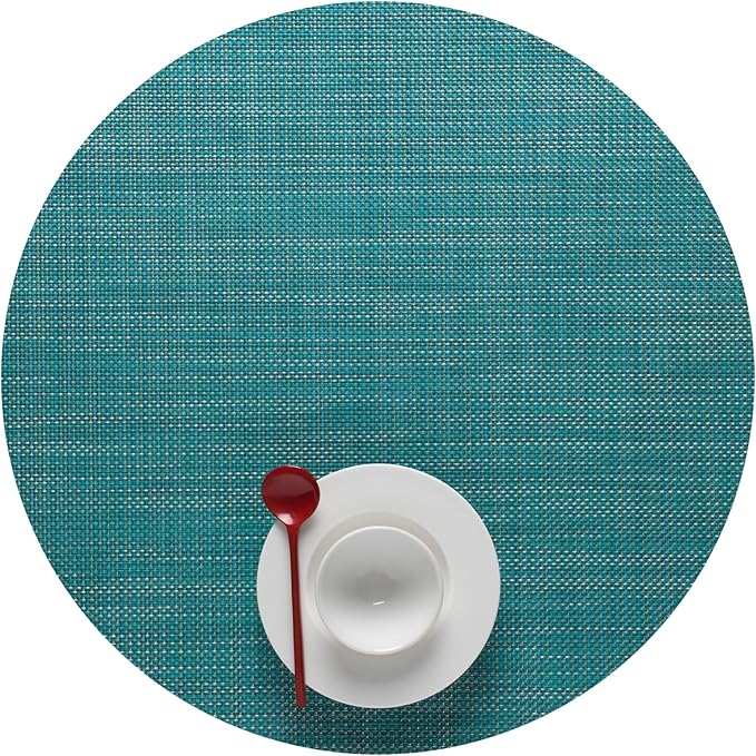Chilewich Mini Basketweave Placemats in Turquoise - Set of 4 - Easy Care Woven Tabletop Textiles - Indoor/Outdoor - 15" Round