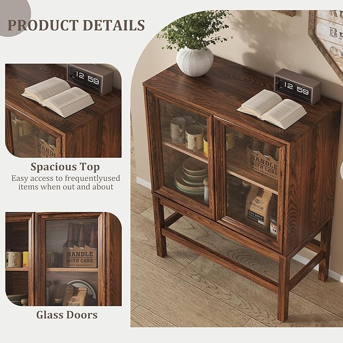 Sideboard Buffet Cabinet with Storage Set of 2, Small Kitchen Coffee Wine Bar Cabinet with Glass Doors, Wood Mid Century Modern Side Board Table for Dining Room, Living Room