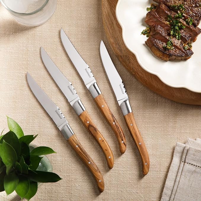 Bloomhouse 4-Piece German Stainless Steel Steak Knife Set ??Premium Olive Wood Handle Steak Knives, Full-Tang Blades for Dining