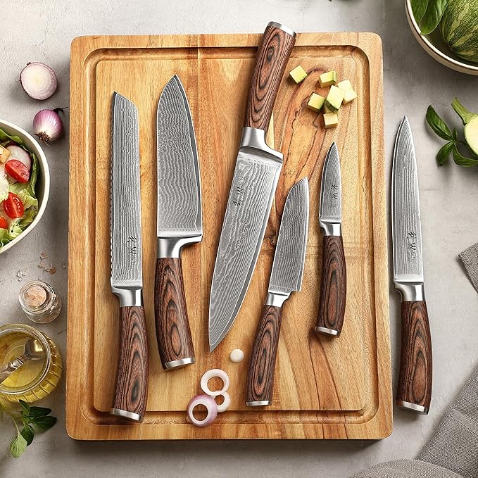 Wakoli EDIB 6-Piece Damascus Knife Block Set ??Professional Kitchen Knives with Magnetic Acacia Block ??Kitchen Knife Set made of 67-Layer Damascus Steel Blades & Ergonomic Pakkawood Handles