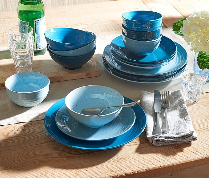 Sango Siterra Artist's Blend 16-Piece Stoneware Dinnerware Set ??Service for 4, Ocean Blue Glossy Glaze with Unique Speckled Design, for Everyday Dining & Entertainment, Microwave & Dishwasher Safe