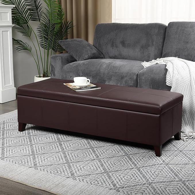 DECO DE VILLE 51 Inch Storage Ottoman Bench, Faux Leather Foot Rest with Hinged Lid, Long Rectangle Bed Bench for Living Room, Bedroom, Entryway, Coffee Brown