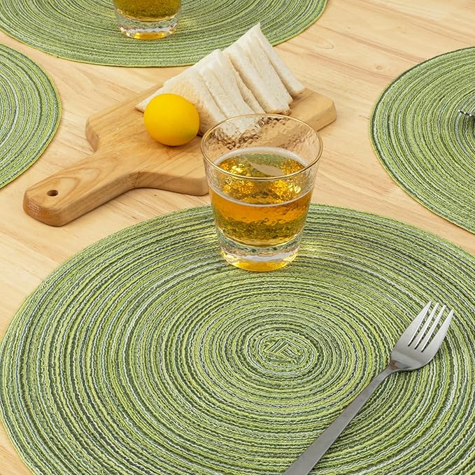 Winknowl Round Braided Placemats Set of 8 Washable Woven Heat Resistant Table Mats for Kitchen Dining Tables 15 inch Round Place Mats (Pea Green,8)