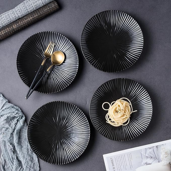 CLAY TONIC Set of 4-8.8 Inch Japanese Style Porcelain Round Dinner Plates, Versatile Circular Serving Plates for Pasta, Salad, Steak Dinner (Black, 8.8 Inches)
