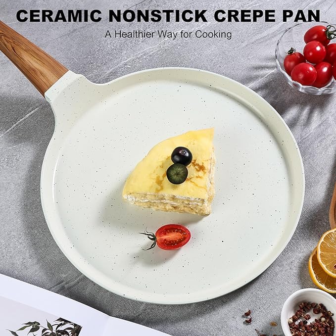 Crepe Pan, Ceramic 11 Inch Dosa Pan, Nonstick Dosa Tawa for All Stove, Tortilla Pan, White Pancake Pan, PFOA PFAS PTFE Free