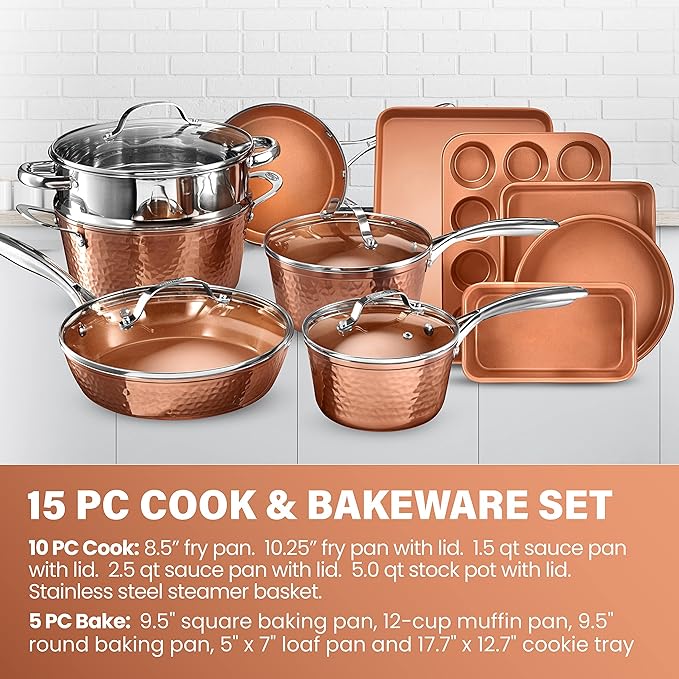 Gotham Steel Hammered 15 Pc Ceramic Cookware Set Nonstick, Deep Copper Pots and Pans Set Non Stick with Bakeware & Deep Fry Pan, Non Toxic PFOA PFOS Free, Induction Oven and Dishwasher Safe