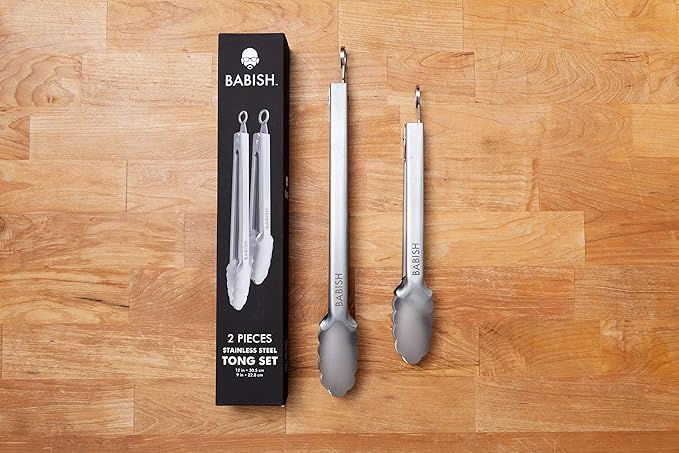 Babish 2-Piece Locking Kitchen Tongs Set ??12??& 9??Stainless Steel Cooking Tongs with Non-Slip Grip ??Heavy-Duty BBQ, Grilling & Serving Tools