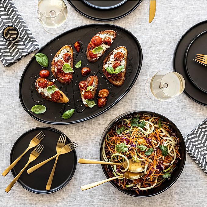 Over&Back Stackable Stoneware Serving Platter - Elegant 1-Piece Oval Serving Platter to Complete Your Kitchen Set - Perfect for Appetizers, Desserts, and More - 16" L x 11" W - Semi-Matte Black