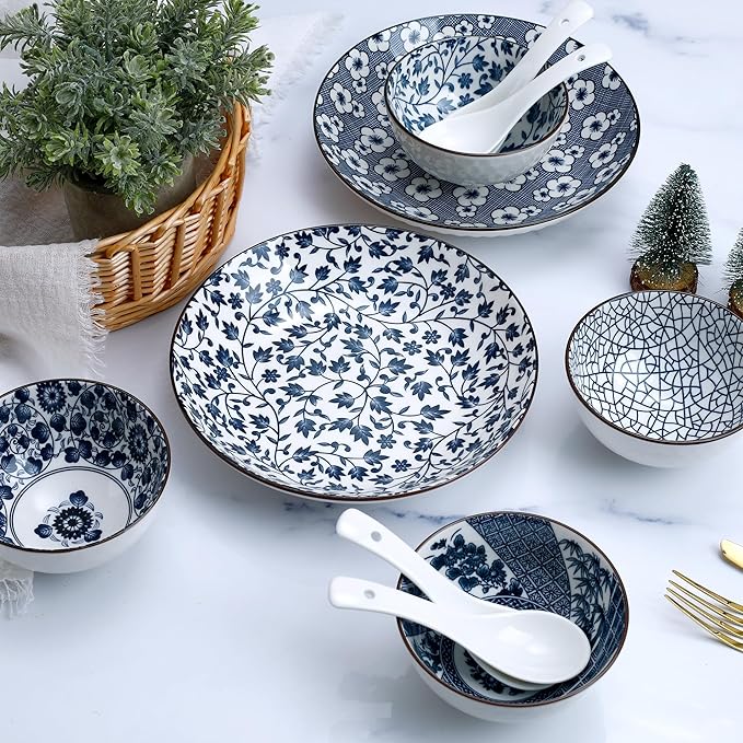 Cherry blossoms Ceramic Dinnerware Set for 2, 10-Piece Stoneware Plates and Bowls Microwave Safe, Elegant Blue Gift Box