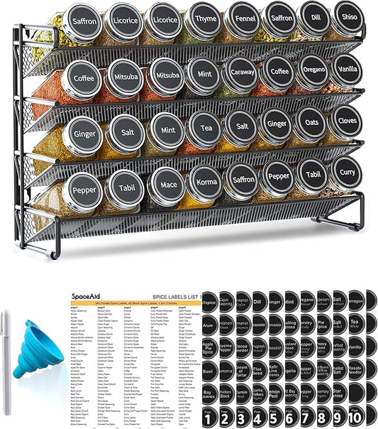 SpaceAid Spice Rack Organizer with 32 Spice Jars, 386 Spice Labels, Chalk Marker and Funnel Set for Cabinet, Countertop, Pantry, Cupboard or Door & Wall Mount - 32 Jars, 15.3" W 횞 10.8" H, Black