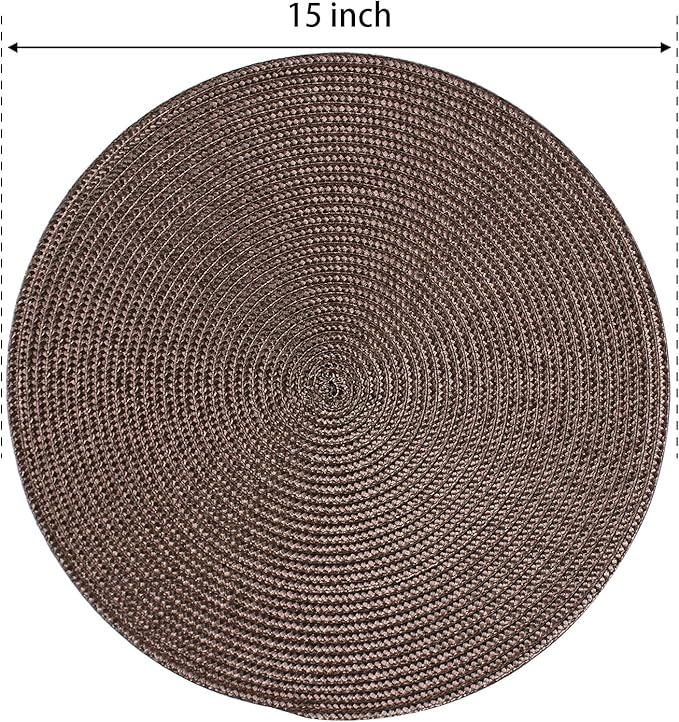 FunWheat Round Braided Placemats Set of 6 Table Mats for Dining Tables Woven Washable Non-Slip Place mats 15 inch (Brown, 6pcs)