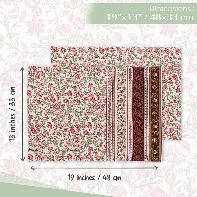 Maison d' Hermine Placemats Set of 4 100% Cotton Washable Cloth Place Mats, Reusable Table Mats for Thanksgiving Christmas Decorations Kitchen Dining Party Wedding (Reveillon Au Jardin, 13" x 19")
