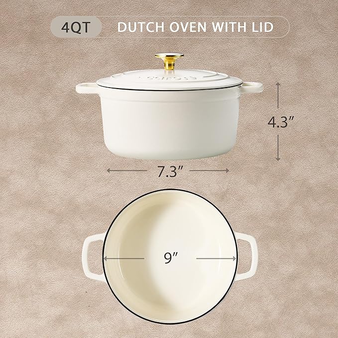 CAROTE Enameled Cast Iron Dutch Oven Pot with Lid, 4 QT Dutch Ovens, Heavy-Duty Cast Iron Pot for Sourdough Bread Baking, Braising, Stews, Roasting, Healthy & Non-Toxic, Dual Handles, All Stovetop Compatible, Oven Safe up to 500째 F, Cream White