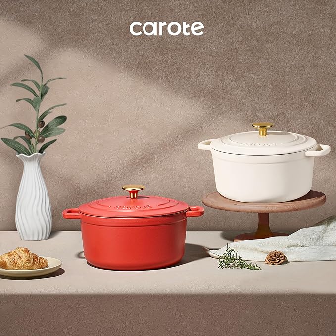 CAROTE Enameled Cast Iron Dutch Oven Pot with Lid, 4 QT Dutch Ovens, Heavy-Duty Cast Iron Pot for Sourdough Bread Baking, Braising, Stews, Roasting, Healthy & Non-Toxic, Dual Handles, All Stovetop Compatible, Oven Safe up to 500째 F, Red
