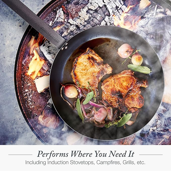 Merten & Storck Pre-Seasoned Carbon Steel 10??Frying Pan Skillet, Use on Induction, Stove and Grill, Durable, Even-Heating, for Searing, Grilling, Oven Use, and Campfire, Indoor/Outdoor