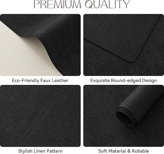 Romanstile Vinyl Placemats Set of 6-12 X 17 Inch - Heat Resistant Place Mats 100% Waterproof Oilproof Wipeable Reversible Faux Leather Table Mats for Kitchen, Dining, Party, Outdoor, Black