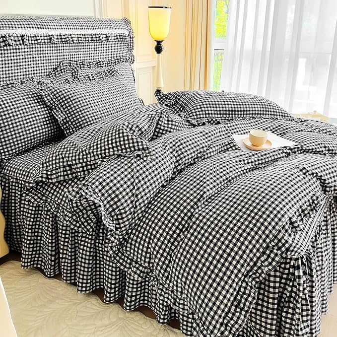 LifeTB Black Gingham Comforter Set King Ruffle Checkered Plaid Comforter Set 3 Pieces Boho Grid Bed Comforter with 2 Pillowcases Fluffy Soft Vintage Checkered Lightweight Gingham Bedding Set King