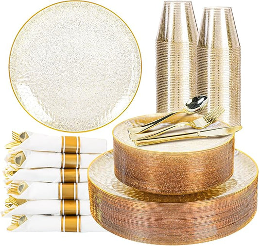 HOMIP 350 Pcs Plastic Dinnerware Set (50 Guests), Clear Party Plates Include 50 Dinner Plate, 50 Dessert Plate, 50 Cups, 50 Gold Cutlery Set And Pefect for Party and Wedding