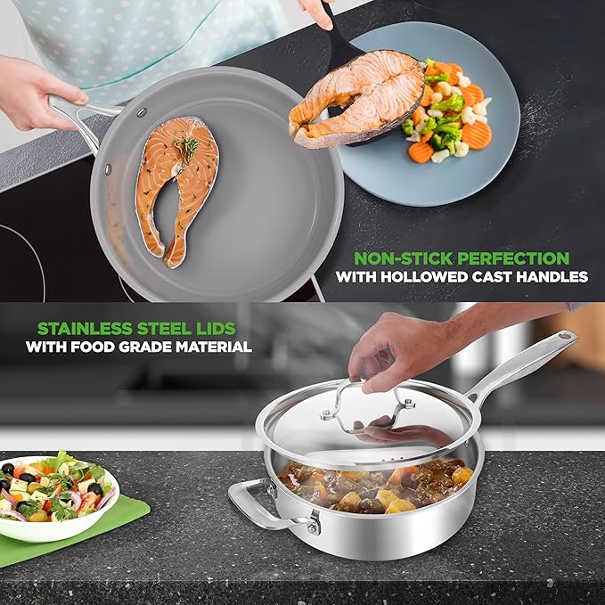 NutriChef 12-Piece Professional Stainless Steel Cookware Set ??Tri-Ply Pots, Ceramic Non-Stick Fry Pans, Induction Compatible, Strong Riveted Handles, Dishwasher Safe