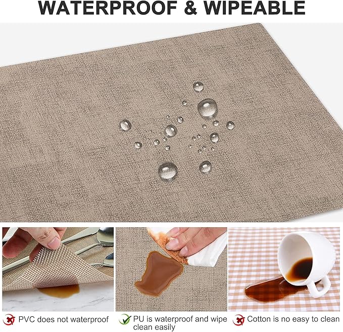 LANDVIEW Leather Heat Resistant Placemats Set of 6 Waterproof Wipeable Washable PU Table Mats,Easy to Clean Anti-Slip Place Mats (Light Brown, 6)