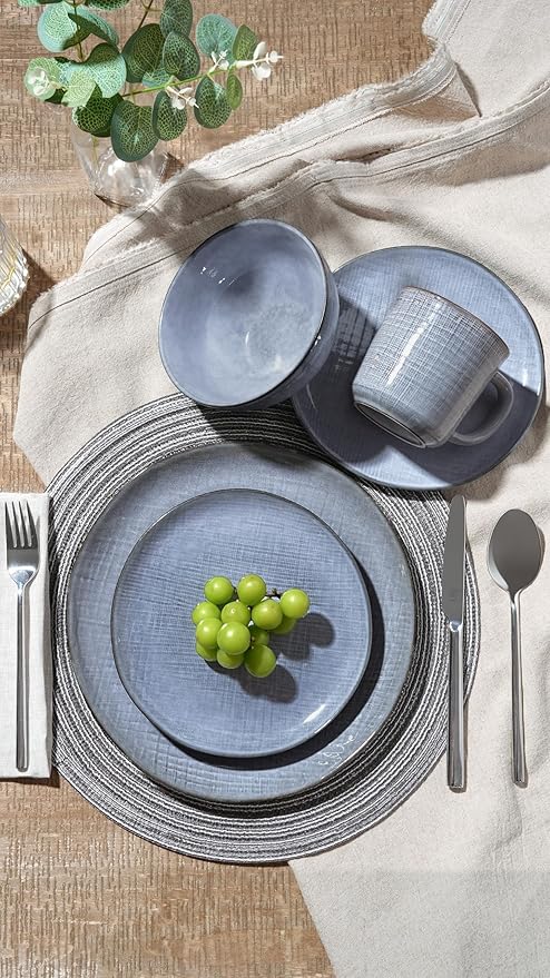 Famiware Moonlight Plates and Bowls Sets, 24 Pieces Stoneware Dinnerware Sets with Linen Finish, Handmade Dishware Set for 8, Microwave and Dishwasher Safe, Chip and Scratch Resistant, Blue