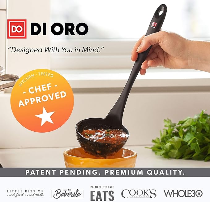 DI ORO Silicone Ladle ??Soup Ladle for Cooking & Serving Heat-Resistant - Large Kitchen Soup Ladle Nonstick Cookware Safe - Soup Serving Spoon with Wide Bowl - Silicone Utensil Dishwasher Safe (Black)