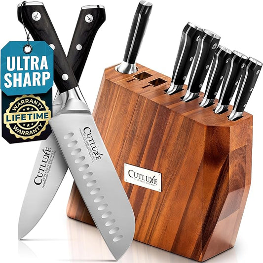 Cutluxe Kitchen Knife Set ??8 Pcs Professional Chef Knife Set with Block ??Razor Sharp Knives with Full Tang Design, High Carbon German Steel, Natural Acacia Wood Block ??Artisan Series