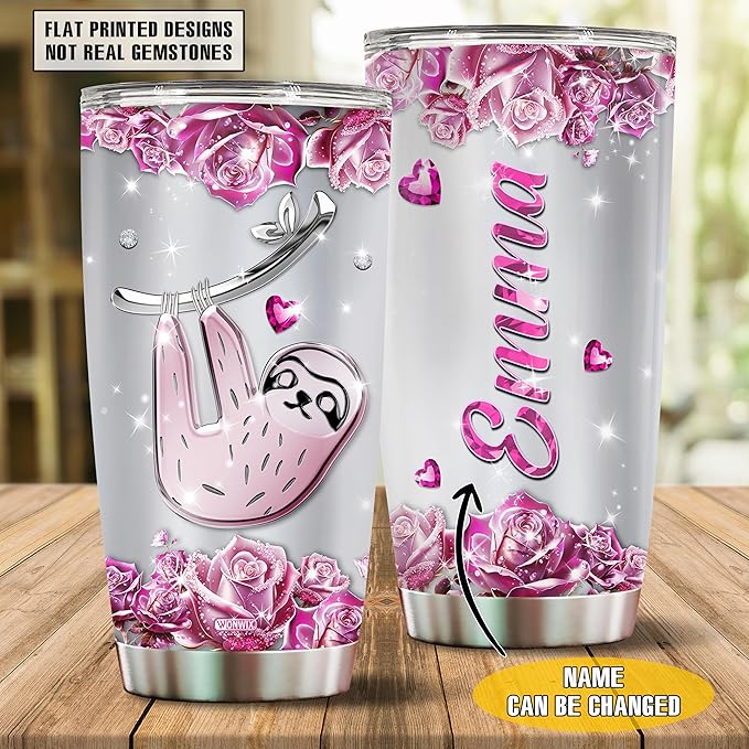 WONWIX Personalized Sloth Themed Insulated Stainless Steel Tumbler, Ideal Sloths Gifts for Women Girls Wife Daughter, 20oz Coffee Cup Mug Water Bottle, Christmas, Birthday, Mother's Day, Valentine