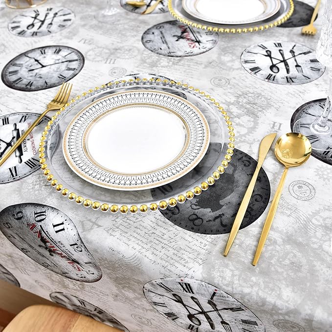 Vinyl Table Cloth Small Square Tablecloth, Wipeable Spillproof Plastic Oilcloth Table Cover, Waterproof PVC Tablecloths for Card Tables, Bistro Tables, Picnic 54 x 54 Inch 4ft Inch Grey Retro Clock