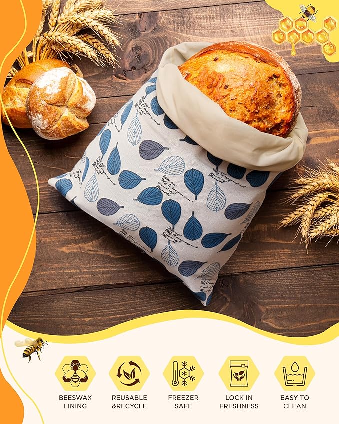 Reusable Beeswax Bread Bag for Homemade Bread, Extra Large Cotton Sourdough Bread Storage Bag, Freezer Safe Bread Keeper | Breathable material