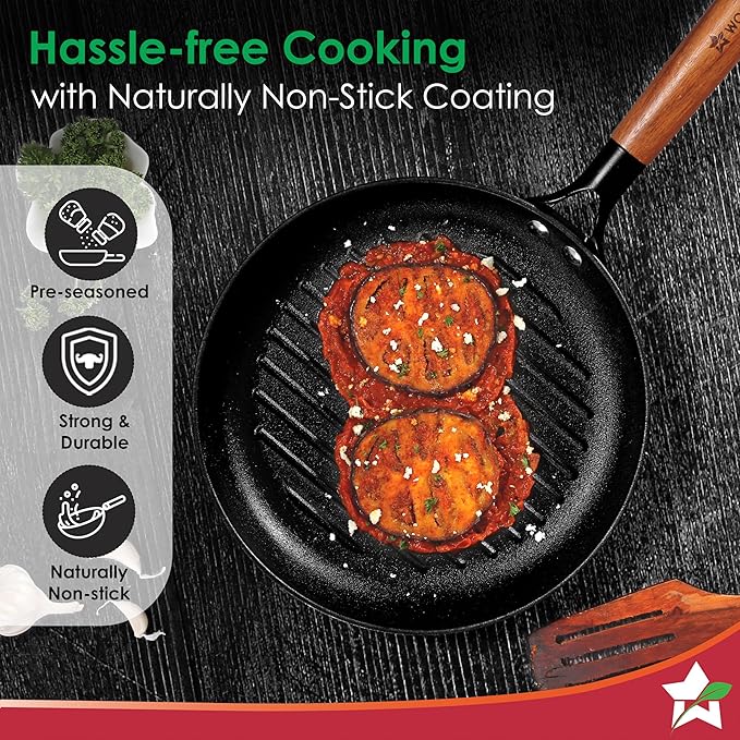 Wonderchef Pre-Seasoned Ferro Light Grill Pan 2.5MM Acacia Wooden Handles Gravity Moulding Technology No Chemical Coating 10 Year 24 cm Black