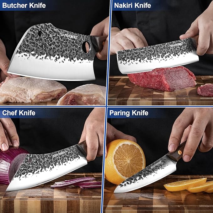 4-Piece Butcher Knife Set with 7??Cleaver, 8??Chef Knife, 8??Nakiri & 5??Utility Knife ??Hand Forged Full Tang Kitchen Knives with Sharpening Stone for BBQ, Meat, Veggies & Outdoor Cooking