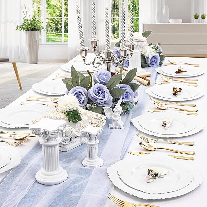 Morejoy 100PCS White Plastic Plates竊똚hite Disposable Plates竊똈nclude 50 Pieces 10.25 Inch Dinner Plates & 50Pieces 7.5 Inch Dessert Plates,Perfect for Weddings & Party