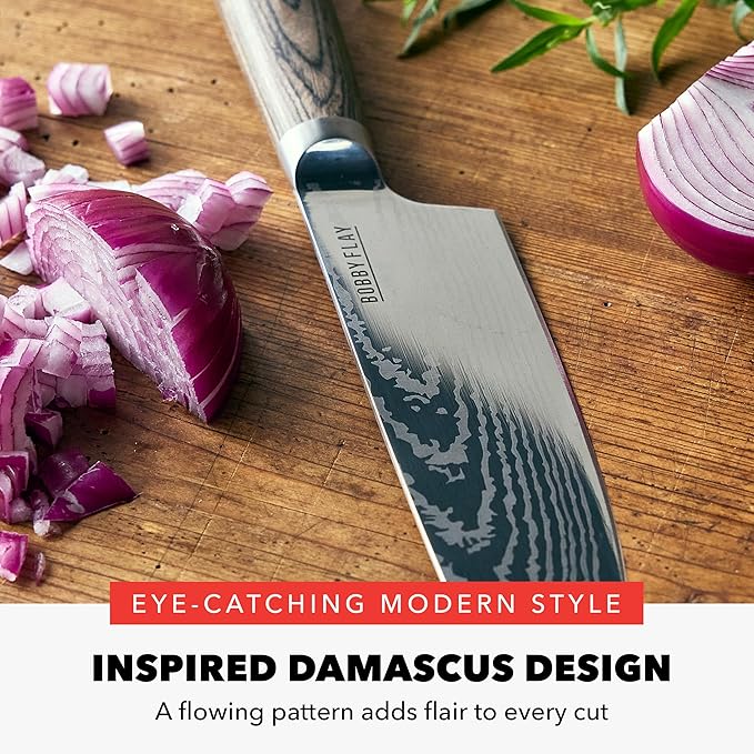 GreenPan x Bobby Flay 8" Chef's Knife with Sheath, Premium Stainless Steel Blade, Precision Cutting Kitchen Tool, Ultra-Sharp Cutlery, Hand Finished Ergonomic Wood Handle, Damascus Steel Design