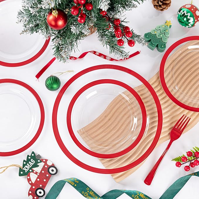 I00000 150pcs Red Disposable Plates | Clear Plates Red Trim,Silverware | Valentine's Day Dinnerware Set Perfect for Party (25 Guests)