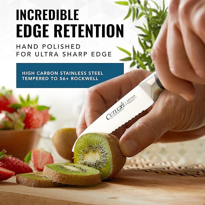 Cutluxe Kitchen Utility Knife ??5" Serrated Ultra Sharp Blade, Ergonomic Handle, Full Tang ??Forged High Carbon German Steel ??Artisan Series
