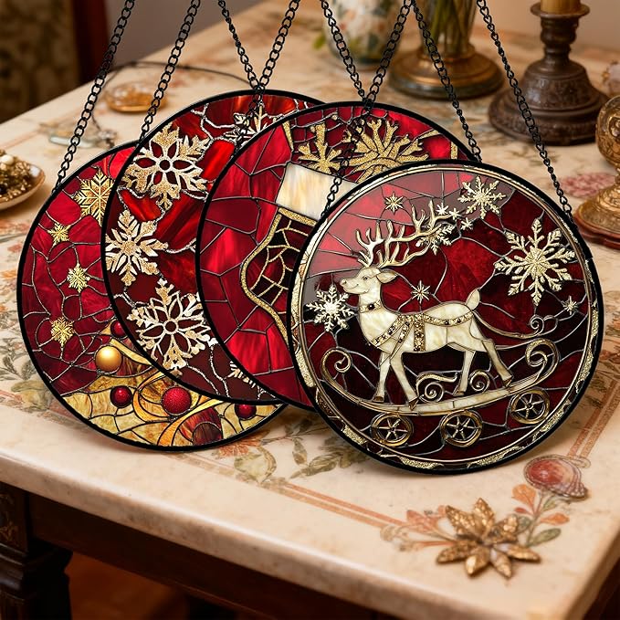 Stained Glass Window Hanging 4 Pcs Set Red Christmas Elk Snowflakes 9.8" - Deer Suncatcher Door Garden Sun Catcher Decor Birthday for Mom Woman Nana Men Friend