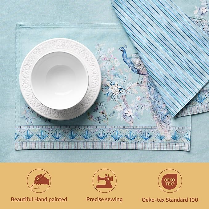 Maison d' Hermine Placemat 100% Combed Cotton Premium Set of 4 Decorative Washable Place Mats Table Cloth Placemat, Dining & Camping - Peacock Utopia - Pastel Turquoise(13"x19")