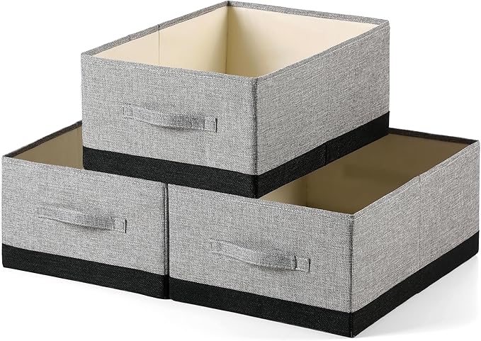 Linen Folding Storage Bins, 3 Pack Large Storage Baskets, Washable, Clothing Storage Bins with Handle, Closet Organizer for Storage Sweater,Sheets (gray black, 18쩍"x13쩍"x8쩍")