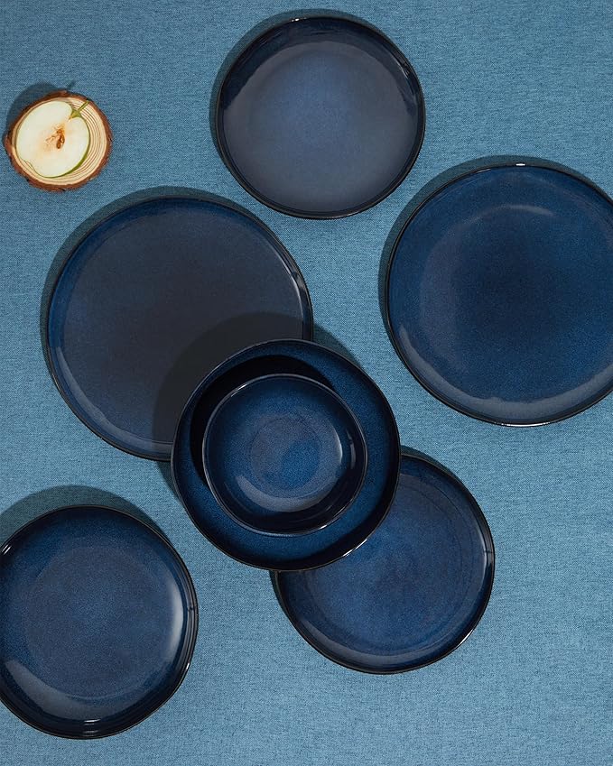 18 Piece Stoneware Dish Set for 6, Reactive Glaze Ceramic Plates and Bowls Set | Coastal?멗nspired Irregular Design for Casual Entertaining & Intimate Dinners | Dishwasher & Microwave Safe