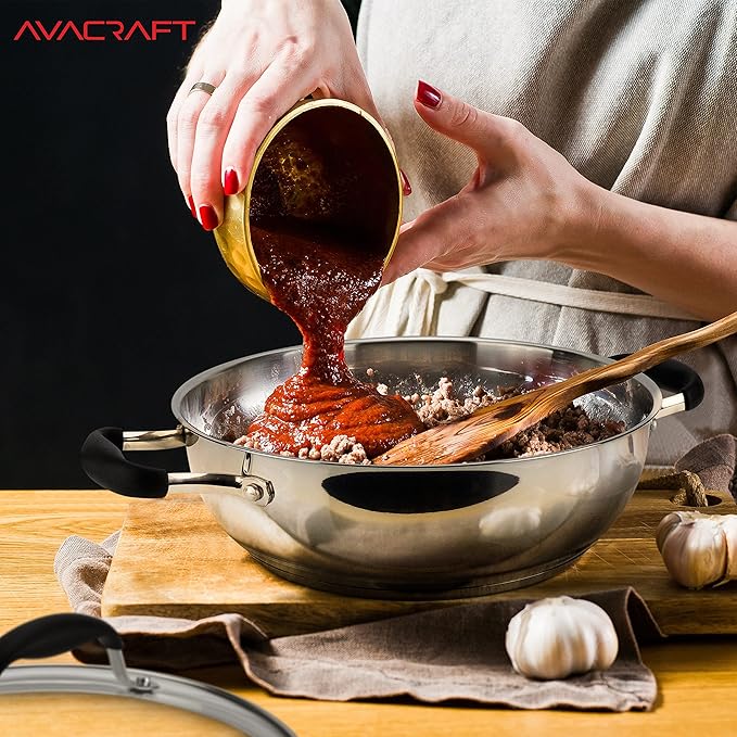 AVACRAFT 18/10 Stainless Steel Everyday Pan, Stir Fry Pan with Five-Ply Base, Chef?셲 Pan with Glass Lid, Multipurpose Stewpot Skillet, Saute Pan, Casserole in Pots and Pans (9 Inch)