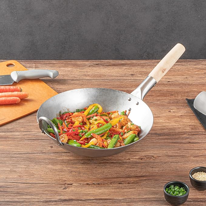 Restaurantware-Motomori 12 Inch Hand-Hammered Carbon Steel Woks, 10 Traditional Japanese Woks - Round Bottom, Wooden Handle, Black Carbon Steel Traditional Stir Fry Pans, With Helper Handle