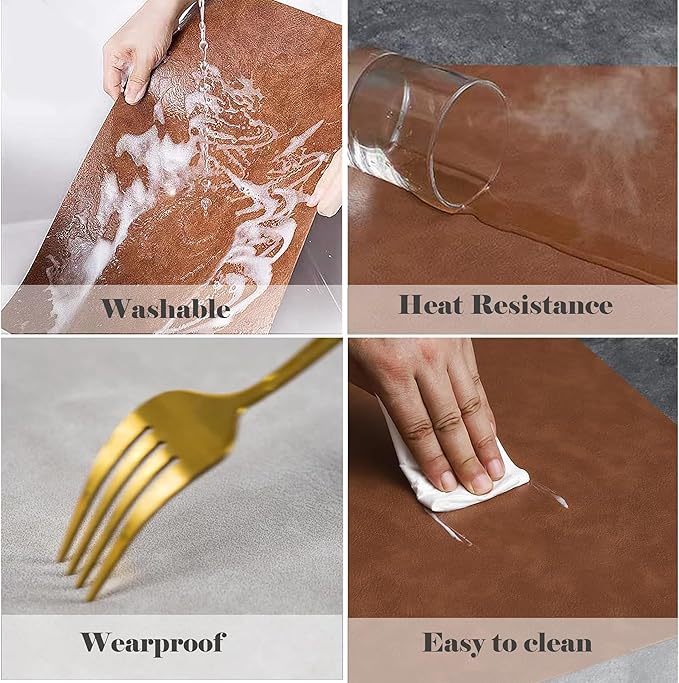 Cowhide Pattern PU Leather Placemats Set of 6 Heat Resistant Kitchen Table Mats, Non-Slip Dining Table Decorations, Double-Sides Waterproof Wipeable Place mats(Brown)