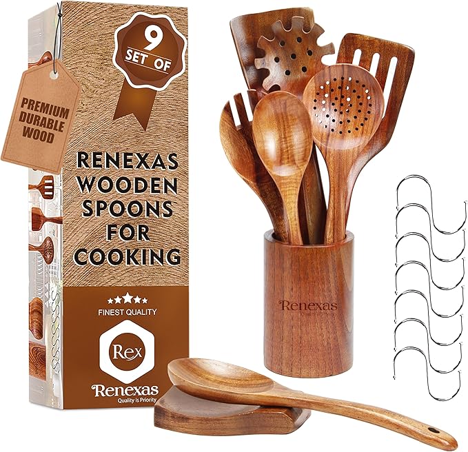 Wooden Spoons for Cooking Utensils Set - 9 Pcs Natural Teak Wooden Kitchen Utensils Set - Non-Stick Cooking Wooden Spoon with Holder, Wooden Spatula, Spoon Rest & 6 Hooks