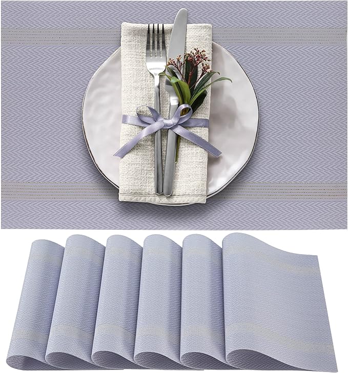 More D챕cor Dining Table Placemats, Washable Heat-Resistant PVC Vinyl Table Mats for Dining Room and Kitchen, Anti-Slip - Set of 6- Purple