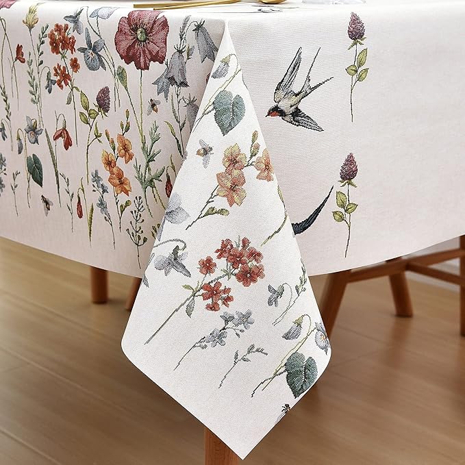 LOHASCASA Vinyl Rectangle Tablecloth Farmhouse Summer Vinyl Oil Cloth Table Cover Plastic Waterproof Tablecloths Spillproof Wipeable PVC Table Cloth for Kitchen Tables 54 x 70 Beige Floral Bird