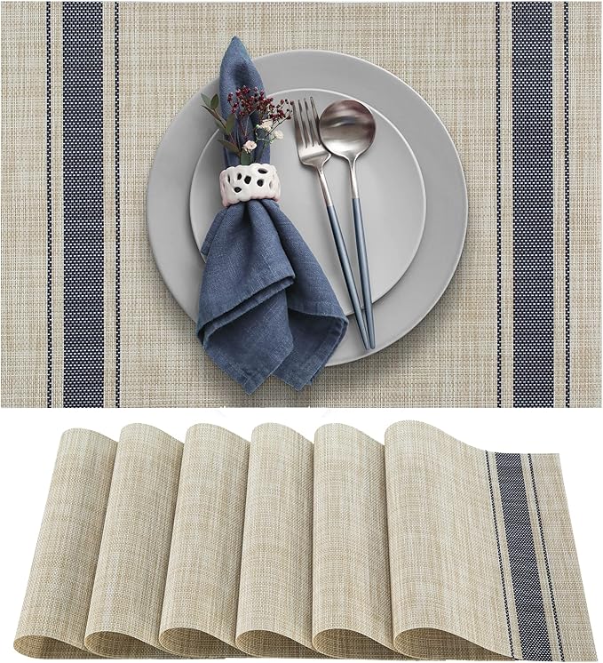 More D챕cor Dining Table Placemats, Washable Heat-Resistant PVC Vinyl Table Mats for Dining Room and Kitchen, Anti-Slip - Set of 6 - Vertical Striped Blue - Grey