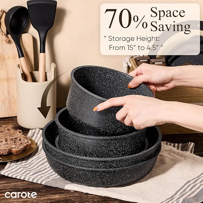 CAROTE 25pcs Pots and Pans Set Non Stick, Cookware Sets, Kitchen Set, Oven/Dishwasher/Fridge Safe, Space Saving Pots Set, Nonstick Set with Versatile Detachable Handle, Induction RV Set, Black
